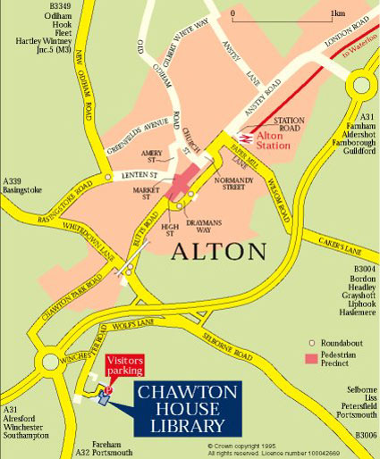 Map showing how to get to CHawton House Library from Alton by road.